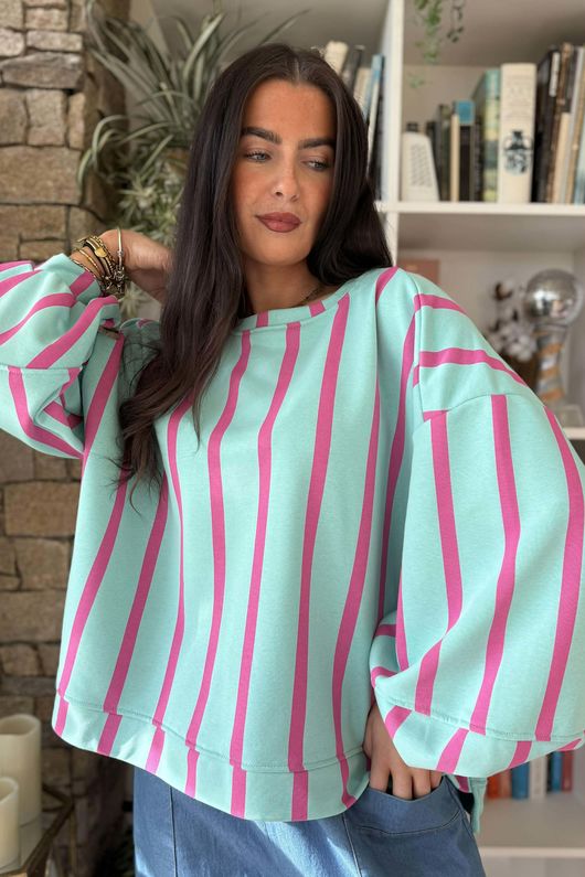 Scamp Lantern Sweatshirt Vertical Stripe Sage & Hot Pink 